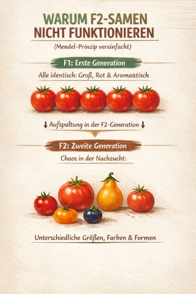F2-Generation bei F1-Hybriden: Genetische Aufspaltung nach Mendel - 9 von 16 Pflanzen zeigen gewünschte Eigenschaften